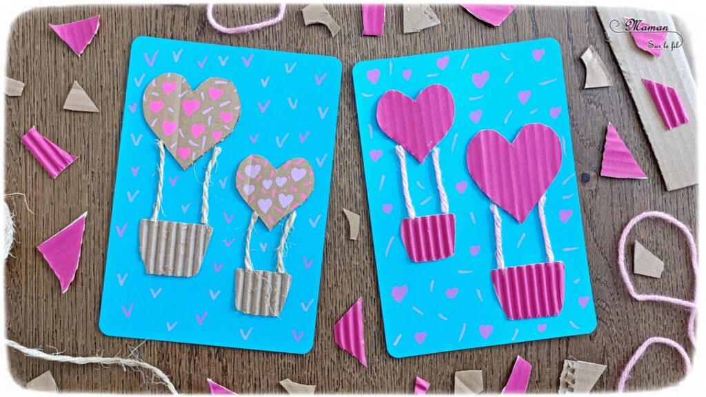 Créer des montgolfières Coeurs en carton pour la fête des mères : activité créative, recyclage et manuelle enfants - Récup', recyclage, surcyclage de carton épais, déchiré et ondulé - Découpage, collage - Petite corde et laine - Dessin et graphismes - Carte, cadeau DIY, fait maison à offrir pour la fête des mères, pères, grands-mères, grands-pères, parents - Amour, amitié, Saint Valentin - Véhicules - Bricolage et décoration sympa et facile - Arts visuels maternelle et élémentaire - Cycles 1 et 2 - Créativité - tutoriel photos - mslf