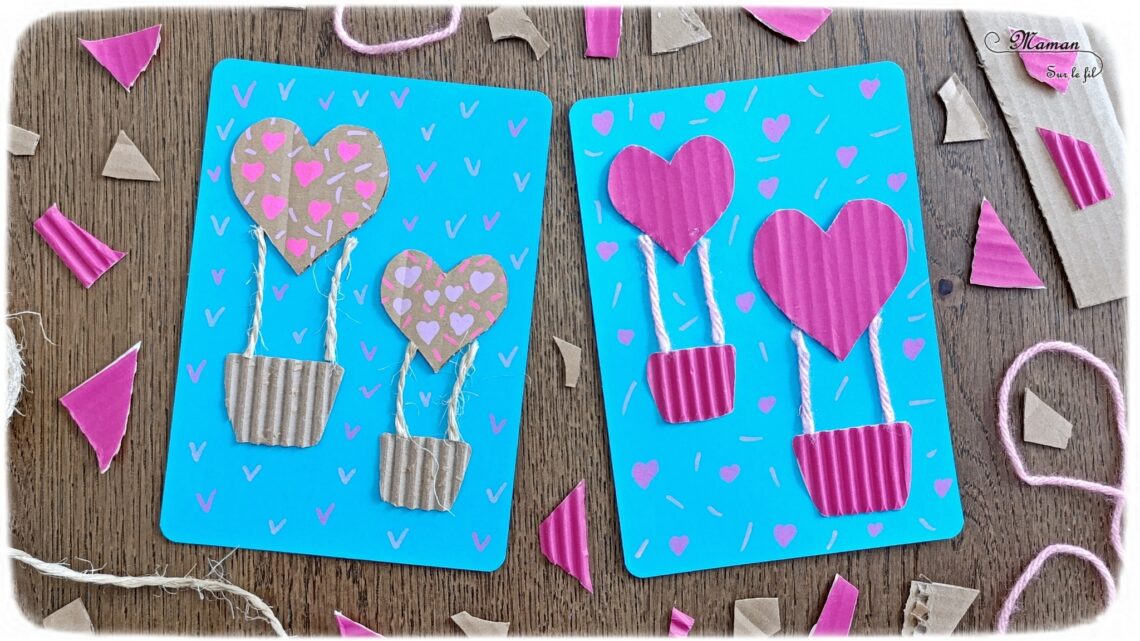 Créer des montgolfières Coeurs en carton pour la fête des mères : activité créative, recyclage et manuelle enfants - Récup', recyclage, surcyclage de carton épais, déchiré et ondulé - Découpage, collage - Petite corde et laine - Dessin et graphismes - Carte, cadeau DIY, fait maison à offrir pour la fête des mères, pères, grands-mères, grands-pères, parents - Amour, amitié, Saint Valentin - Véhicules - Bricolage et décoration sympa et facile - Arts visuels maternelle et élémentaire - Cycles 1 et 2 - Créativité - tutoriel photos - mslf