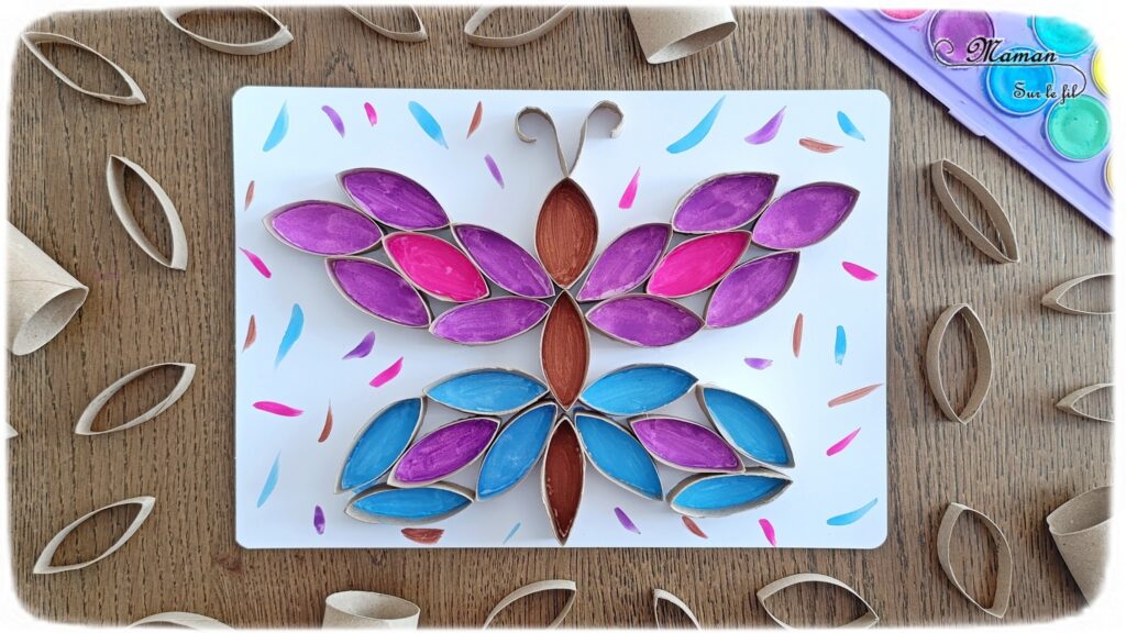Créer un papillon coloré en récup' de rouleaux de papier toilette et peinture : activité créative, recyclage et manuelle enfants - Bandes de rouleaux de PQ en carton découpées et collées sur une feuille - Aide pour peindre le papillon - Découverte de la symétrie - Thème Insectes et petites bêtes, printemps - Bricolage et décoration sympa et facile - Arts visuels maternelle et élémentaire - Cycles 1 et 2 - Créativité - tutoriel photos et vidéo - mslf