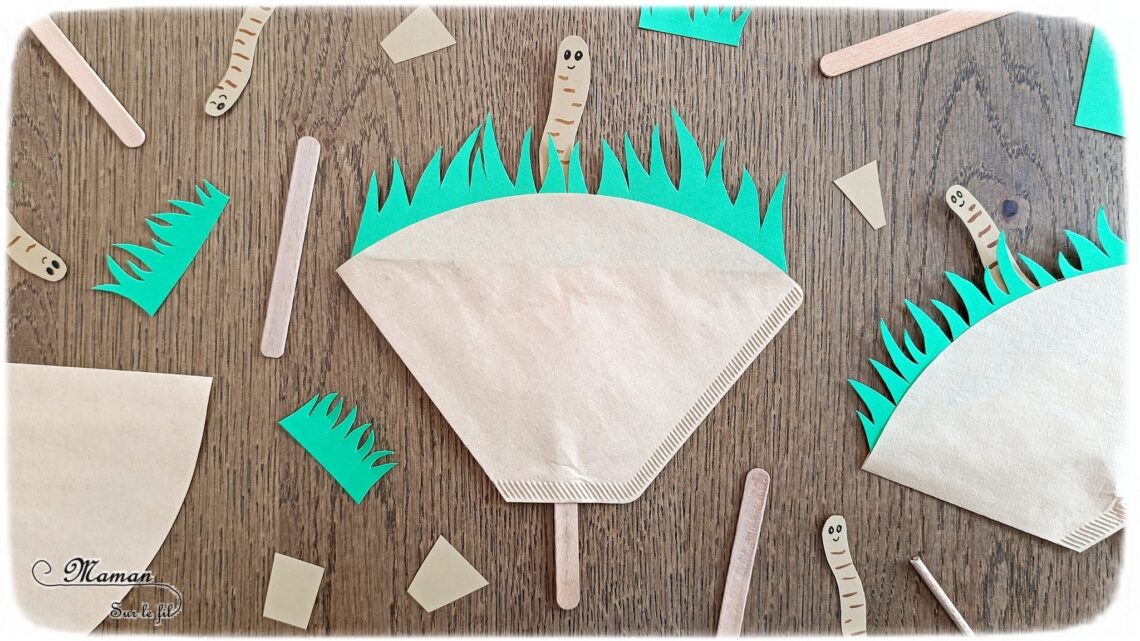 Fabriquer un mignon ver de terre qui sort de terre : activité créative, recyclage et manuelle enfants - Récup' de bâtonnets de glace en bois ou de pics à brochettes, et de filtres à café - Découpage, collage de l'herbe - Ver de terre qui se cache, coulisse et apparaît - Surcyclage - Thème Insectes et petites bêtes, printemps, animaux de la forêt - Bricolage et décoration sympa et facile - Arts visuels maternelle et élémentaire - Cycles 1 et 2 - Créativité - tutoriel photos et vidéo - mslf