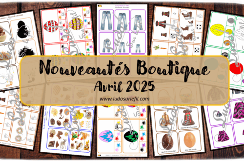 Nouveautés avril 2025 - Boutique en ligne Ludo sur le fil - fichiers jeux pdf à télécharger et imprimer ou jeux imprimés envoyés à domicile - Thèmes Pâques, chocolat, vêtements et accessoires - Cartes à pince, dénombrement, mathématiques, couleurs, classement, rangement, tri par taille - Photos - Association, mise en paire, mathématiques - jeux, activités - atelier autocorrectif multi niveaux donc progressif - Vocabulaire, lexique - Maternelle Cycle 2 - Autonomie - Printemps - mslf