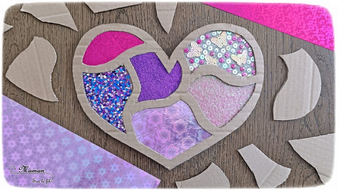 Fabriquer un coeur brillant tout en paillettes et carton : activité créative, recyclage et manuelle enfants - Récup', recyclage, surcyclage de carton -Découpage, collage - Paillettes, sequins, papiers brillants et holographiques - Cadeau DIY, fait maison à offrir pour la fête des mères, pères, grands-mères, grands-pères, parents - Amour, amitié, Saint Valentin - Bricolage et décoration sympa et facile - Arts visuels maternelle et élémentaire - Cycles 1 et 2 - Créativité - tutoriel photos - mslf