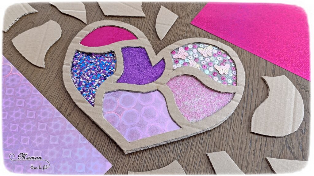 Fabriquer un coeur brillant tout en paillettes et carton : activité créative, recyclage et manuelle enfants - Récup', recyclage, surcyclage de carton -Découpage, collage - Paillettes, sequins, papiers brillants et holographiques - Cadeau DIY, fait maison à offrir pour la fête des mères, pères, grands-mères, grands-pères, parents - Amour, amitié, Saint Valentin - Bricolage et décoration sympa et facile - Arts visuels maternelle et élémentaire - Cycles 1 et 2 - Créativité - tutoriel photos - mslf