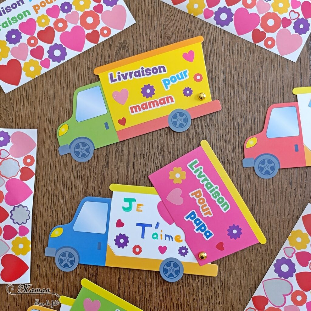 Cartes Camions pour la fête des mères, des pères ou des parents : activité créative et manuelle enfants - Le tutoriel et matériel viennent de chez 10 Doigts - Kit tout compris pour un cadeau DIY et Fait maison pour la fête des mères ou des pères - Message caché avec la benne qui s'ouvre - Gommettes et Photos possible - Mignon et coloré - Cartes à offrir Bricolage et cadeau DIY - Bricolage Fait maison à offrir - Fête des mères, pères, grands-mères, grands-pères, parents - Pour les enseignants en fin d'année - Thème Fêtes, amour, amitié, Saint-Valentin - Bricolage sympa et facile - Arts visuels Maternelle et cycle 2 - Maternelle et élémentaire - Créativité - Cycle 1 ou 2 - tutoriel photos - mslf
