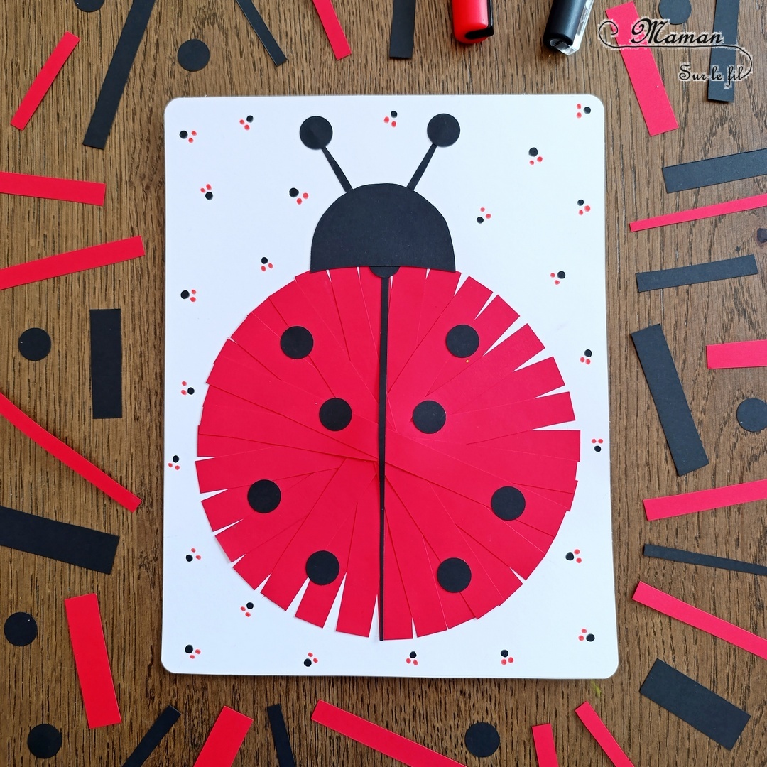 Créer une coccinelle en collage de bandes de papier : activité créative et manuelle enfants - Géométrie avec utilisation de la règle et du compas - Découpage, collage, perforatrice rond - Dessins et graphismes - Thème Insectes et petites bêtes, printemps - Bricolage et décoration sympa et facile - Arts visuels maternelle et élémentaire - Cycles 1 et 2 - Créativité - tutoriel photos - mslf