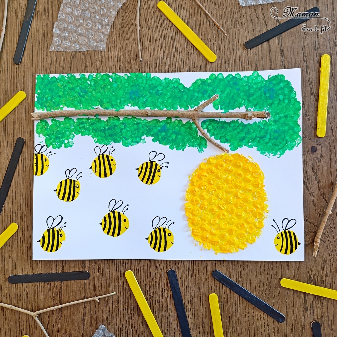 Créer une ruche et ses petits abeilles en papier à bulles et peinture : activité créative et manuelle enfants - Branche du jardin - Ruche en papier à bulles - Peindre abeilles avec bouchon en liège - Dessins - Feuilles avec des cotons-tige - Thème Insectes et petites bêtes, printemps, forêt - Bricolage et décoration sympa et facile - Arts visuels maternelle et élémentaire - Cycles 1 et 2 - Créativité - tutoriel photos - mslf