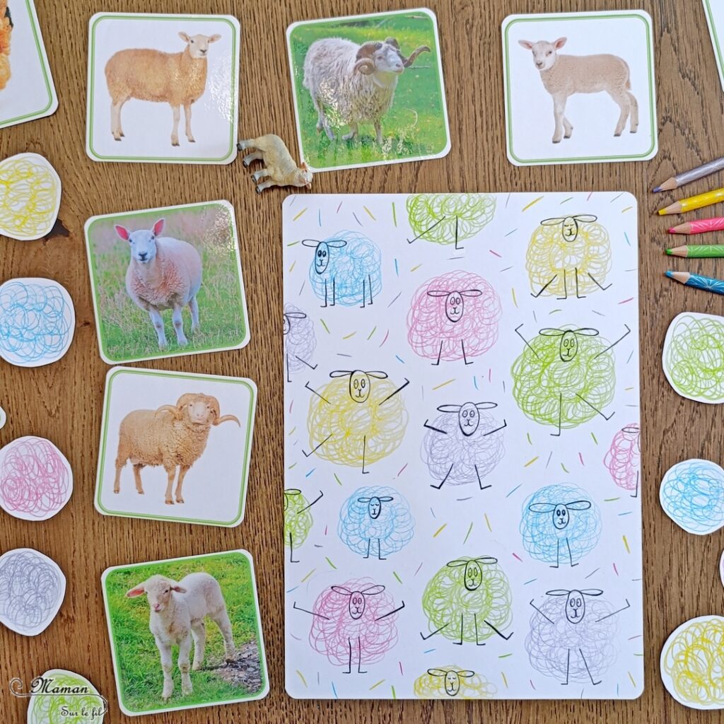 Gribouiller ou dessiner des moutons multicolores : activité créative, dessin et manuelle enfants - Gribouillage aux crayons de couleur - Dessins de boucles de couleurs - Dessin des détails au feutre fin noir - Cartes type Montessori Animaux de la ferme - Association photos fond blanc, fond réel, figurines - Reconstitue les familles : mâles, femelles, bébés - Simple, coloré et joli - Thème Pâques, printemps, animaux de la ferme - Bricolage et décoration sympa et facile - Arts visuels maternelle et élémentaire - Cycles 1 et 2 - Créativité - tutoriel photos - mslf