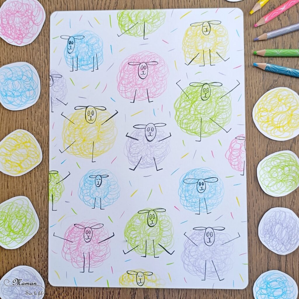 Gribouiller ou dessiner des moutons multicolores : activité créative, dessin et manuelle enfants - Gribouillage aux crayons de couleur - Dessins de boucles de couleurs - Dessin des détails au feutre fin noir - Cartes type Montessori Animaux de la ferme - Association photos fond blanc, fond réel, figurines - Reconstitue les familles : mâles, femelles, bébés - Simple, coloré et joli - Thème Pâques, printemps, animaux de la ferme - Bricolage et décoration sympa et facile - Arts visuels maternelle et élémentaire - Cycles 1 et 2 - Créativité - tutoriel photos - mslf