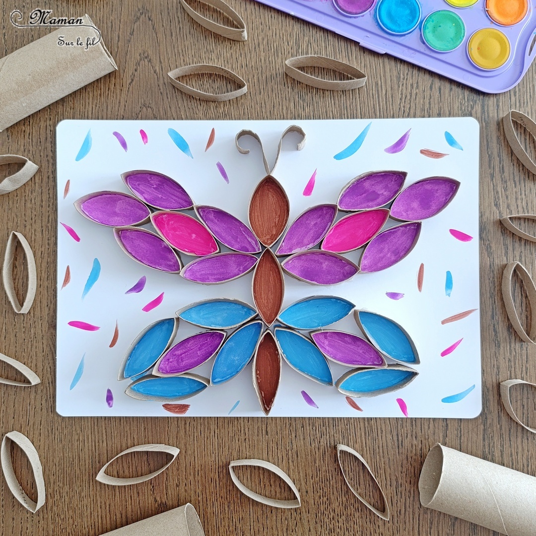 Créer un papillon coloré en récup' de rouleaux de papier toilette et peinture : activité créative, recyclage et manuelle enfants - Bandes de rouleaux de PQ en carton découpées et collées sur une feuille - Aide pour peindre le papillon - Découverte de la symétrie - Thème Insectes et petites bêtes, printemps - Bricolage et décoration sympa et facile - Arts visuels maternelle et élémentaire - Cycles 1 et 2 - Créativité - tutoriel photos et vidéo - mslf