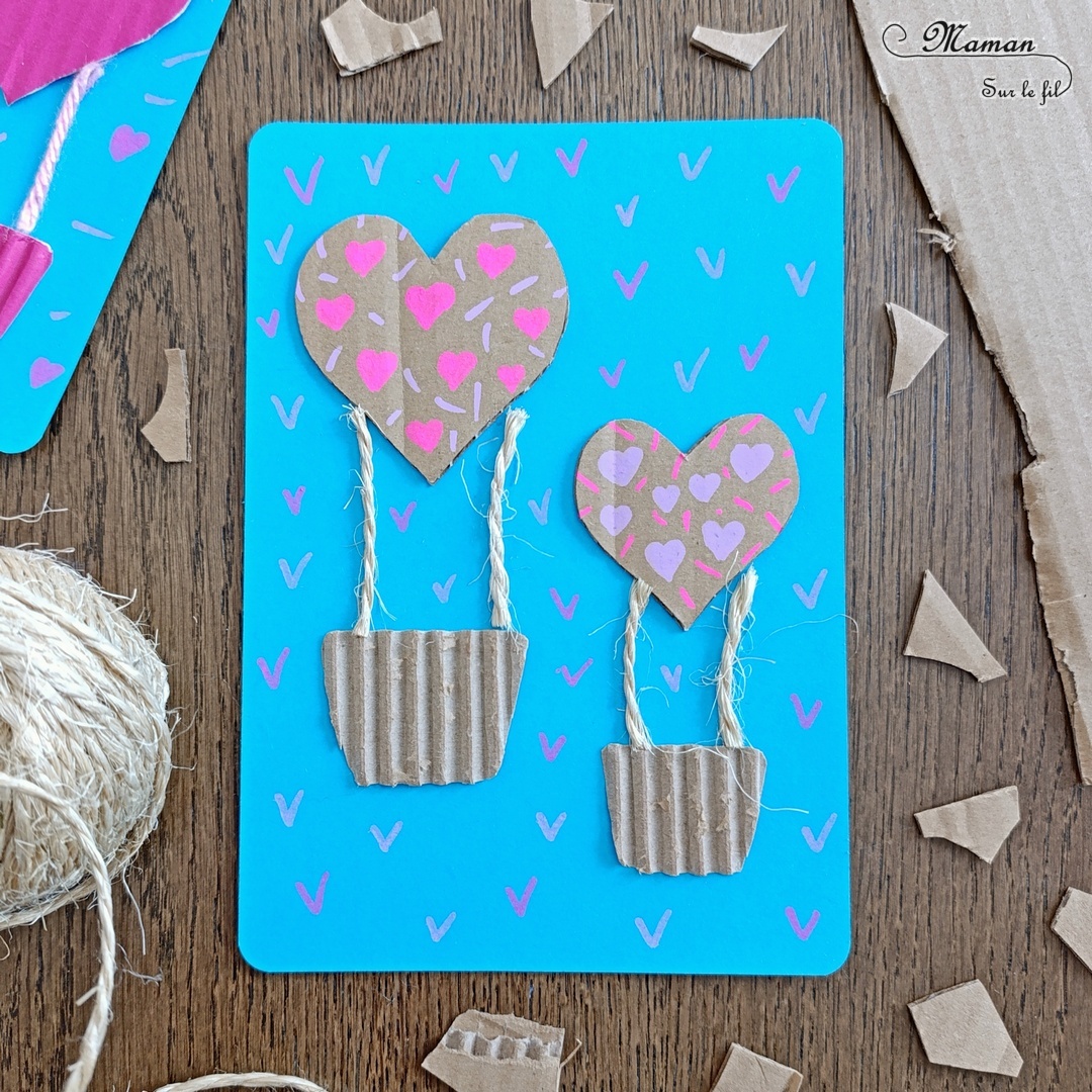 Créer des montgolfières Coeurs en carton pour la fête des mères : activité créative, recyclage et manuelle enfants - Récup', recyclage, surcyclage de carton épais, déchiré et ondulé - Découpage, collage - Petite corde et laine - Dessin et graphismes - Carte, cadeau DIY, fait maison à offrir pour la fête des mères, pères, grands-mères, grands-pères, parents - Amour, amitié, Saint Valentin - Véhicules - Bricolage et décoration sympa et facile - Arts visuels maternelle et élémentaire - Cycles 1 et 2 - Créativité - tutoriel photos - mslf
