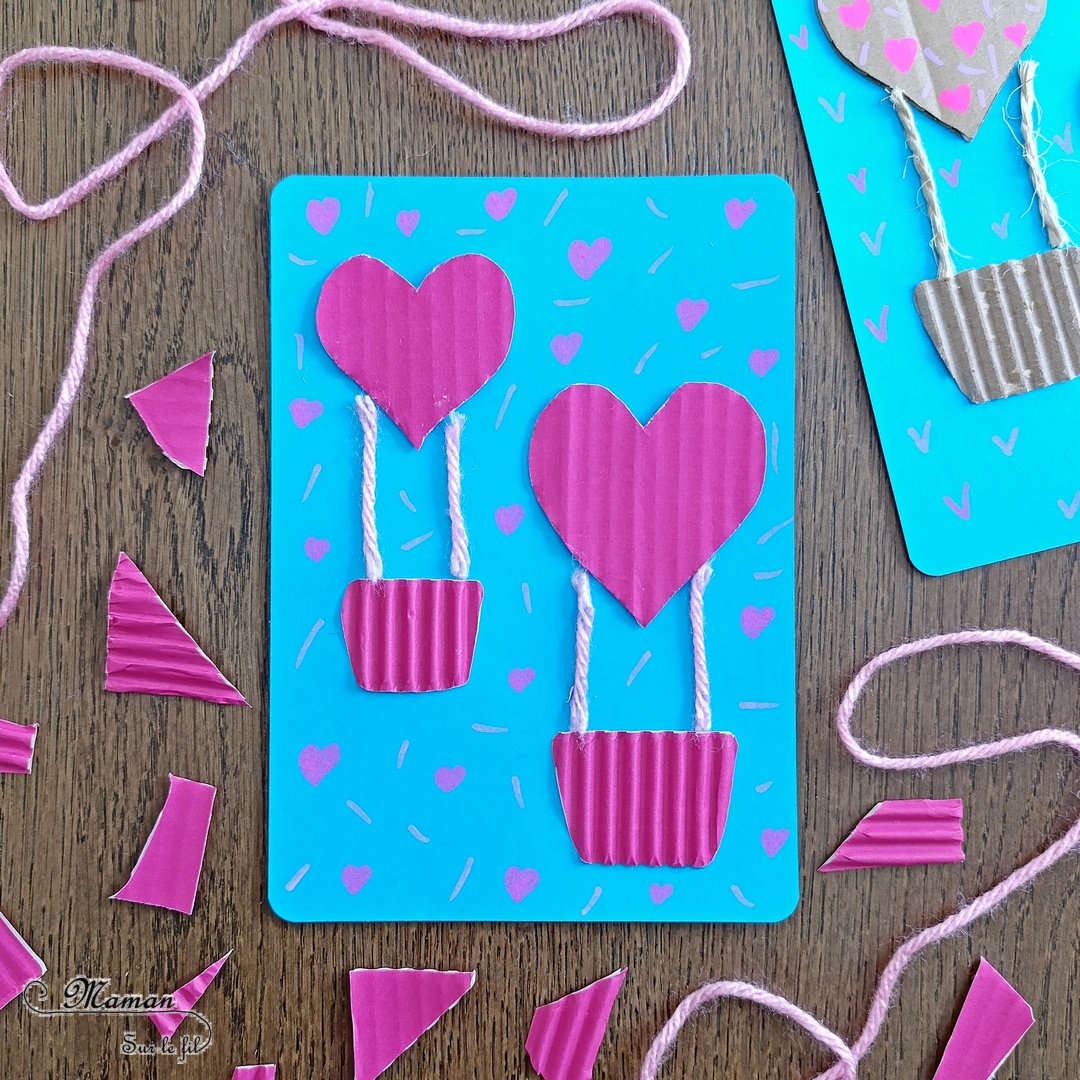 Créer des montgolfières Coeurs en carton pour la fête des mères : activité créative, recyclage et manuelle enfants - Récup', recyclage, surcyclage de carton épais, déchiré et ondulé - Découpage, collage - Petite corde et laine - Dessin et graphismes - Carte, cadeau DIY, fait maison à offrir pour la fête des mères, pères, grands-mères, grands-pères, parents - Amour, amitié, Saint Valentin - Véhicules - Bricolage et décoration sympa et facile - Arts visuels maternelle et élémentaire - Cycles 1 et 2 - Créativité - tutoriel photos - mslf