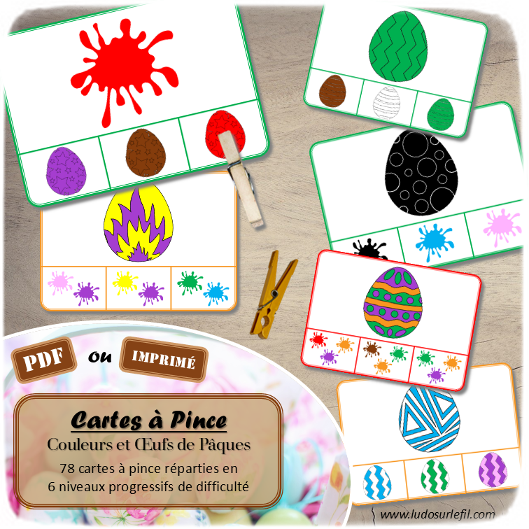 Jeu de cartes à pince sur les couleurs et les oeufs de Pâques - Pour un thème sur Pâques ou la ferme - 78 cartes réparties en 6 niveaux de difficulté - progressif - 1, 2, 3 couleurs - Oeufs de Pâques et couleurs ou deux oeufs différents - Autocorrection au dos - Atelier préscolaire et maternelle autonome - Thème Pâques et animaux de la ferme - Support pédagogique - Document PDF à télécharger et imprimer ou jeu imprimé - Motricité fine et pince Pouce-Index avec pinces à linge - ludique - lslf
