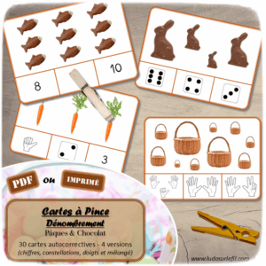 Jeu de cartes à pince de dénombrement de 1 à 15 - Thème Pâques et Chocolat - 30 cartes autocorrectives avec différentes représentations des nombres - constellations du dé, chiffres, doigts de la main, mélangé - compter de 1 à 15 - 120 cartes réparties en 4 niveaux de difficulté - progressif - Autocorrection au dos - Atelier autonome maternelle ou élémentaire - Cycles 1 et 2 - Document PDF à télécharger et imprimer ou jeu imprimé - Motricité fine et pince Pouce-Index avec pinces à linge - ludique - Thème Pâques, printemps, chocolat, animaux, gourmandises - lslf