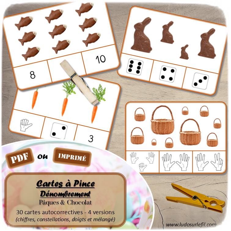 Jeu de cartes à pince de dénombrement de 1 à 15 - Thème Pâques et Chocolat - 30 cartes autocorrectives avec différentes représentations des nombres - constellations du dé, chiffres, doigts de la main, mélangé - compter de 1 à 15 - 120 cartes réparties en 4 niveaux de difficulté - progressif - Autocorrection au dos - Atelier autonome maternelle ou élémentaire - Cycles 1 et 2 - Document PDF à télécharger et imprimer ou jeu imprimé - Motricité fine et pince Pouce-Index avec pinces à linge - ludique - Thème Pâques, printemps, chocolat, animaux, gourmandises - lslf