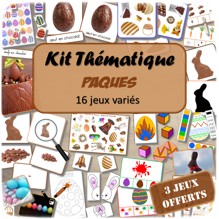 Kit thématique - Pâques et chocolat - 16 jeux variés pour le prix de 13 - 3 jeux offerts - Jeux pédagogiques, éducatifs et ludiques - Atelier autonome Maternelle (Cycle 1) et Primaire (Cycle 2 et 3) - PDF à télécharger et à imprimer - Difficulté progressive et différents niveaux pour la différenciation - Tarif préférentiel, réduction - Thèmes Pâques, oeufs de Pâques, Lapin, chocolat, traditions, gourmandises... - lslf