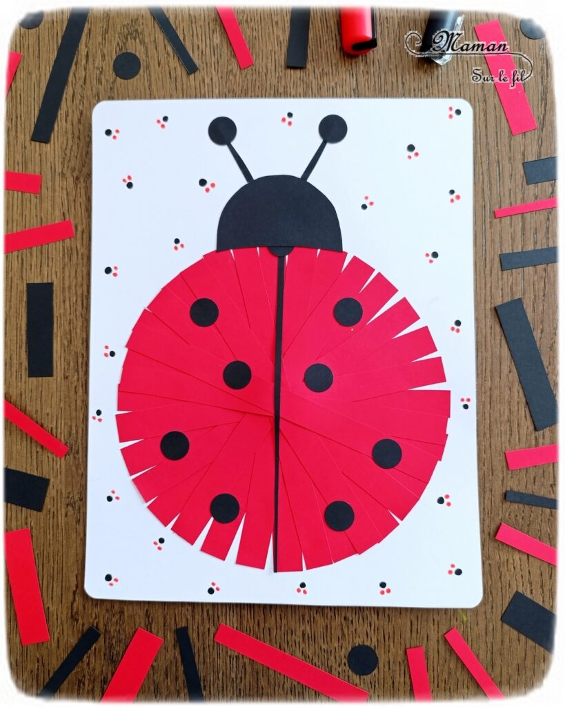 Créer une coccinelle en collage de bandes de papier : activité créative et manuelle enfants - Géométrie avec utilisation de la règle et du compas - Découpage, collage, perforatrice rond - Dessins et graphismes - Thème Insectes et petites bêtes, printemps - Bricolage et décoration sympa et facile - Arts visuels maternelle et élémentaire - Cycles 1 et 2 - Créativité - tutoriel photos - mslf