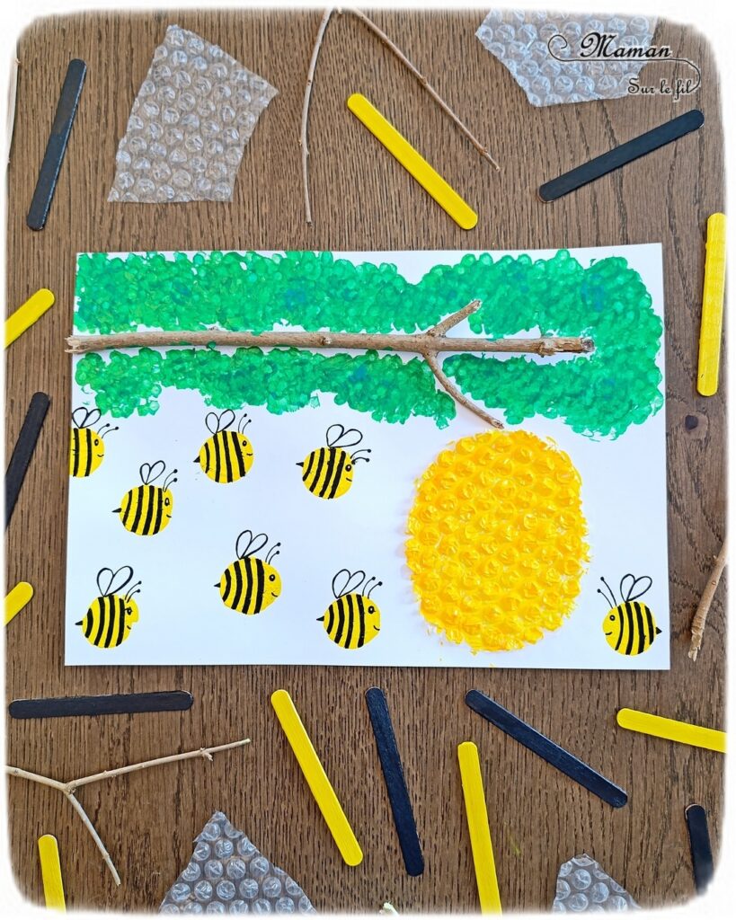 Créer une ruche et ses petits abeilles en papier à bulles et peinture : activité créative et manuelle enfants - Branche du jardin - Ruche en papier à bulles - Peindre abeilles avec bouchon en liège - Dessins - Feuilles avec des cotons-tige - Thème Insectes et petites bêtes, printemps, forêt - Bricolage et décoration sympa et facile - Arts visuels maternelle et élémentaire - Cycles 1 et 2 - Créativité - tutoriel photos - mslf