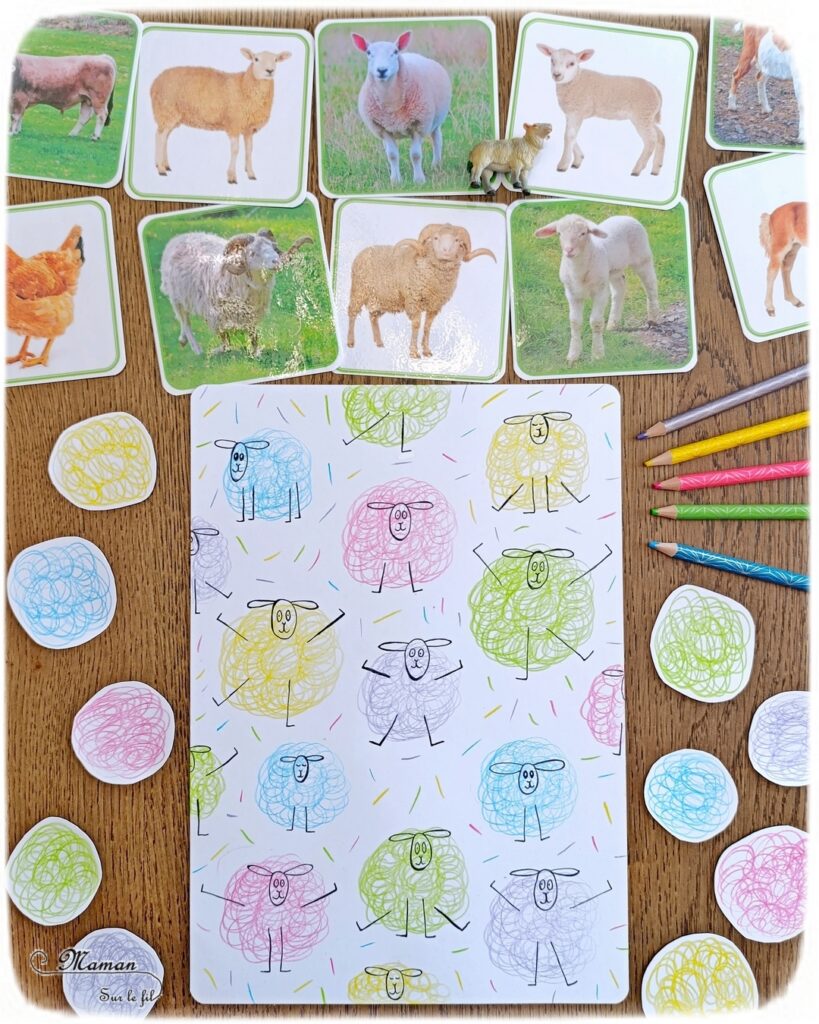 Gribouiller ou dessiner des moutons multicolores : activité créative, dessin et manuelle enfants - Gribouillage aux crayons de couleur - Dessins de boucles de couleurs - Dessin des détails au feutre fin noir - Cartes type Montessori Animaux de la ferme - Association photos fond blanc, fond réel, figurines - Reconstitue les familles : mâles, femelles, bébés - Simple, coloré et joli - Thème Pâques, printemps, animaux de la ferme - Bricolage et décoration sympa et facile - Arts visuels maternelle et élémentaire - Cycles 1 et 2 - Créativité - tutoriel photos - mslf