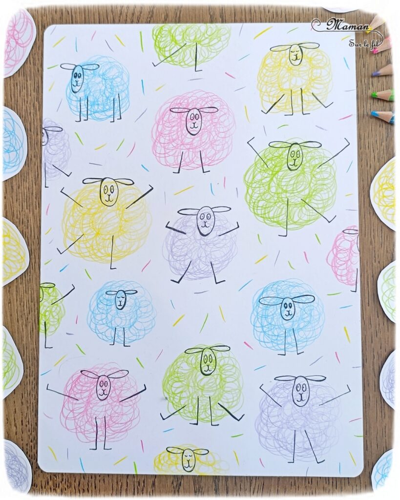Gribouiller ou dessiner des moutons multicolores : activité créative, dessin et manuelle enfants - Gribouillage aux crayons de couleur - Dessins de boucles de couleurs - Dessin des détails au feutre fin noir - Cartes type Montessori Animaux de la ferme - Association photos fond blanc, fond réel, figurines - Reconstitue les familles : mâles, femelles, bébés - Simple, coloré et joli - Thème Pâques, printemps, animaux de la ferme - Bricolage et décoration sympa et facile - Arts visuels maternelle et élémentaire - Cycles 1 et 2 - Créativité - tutoriel photos - mslf