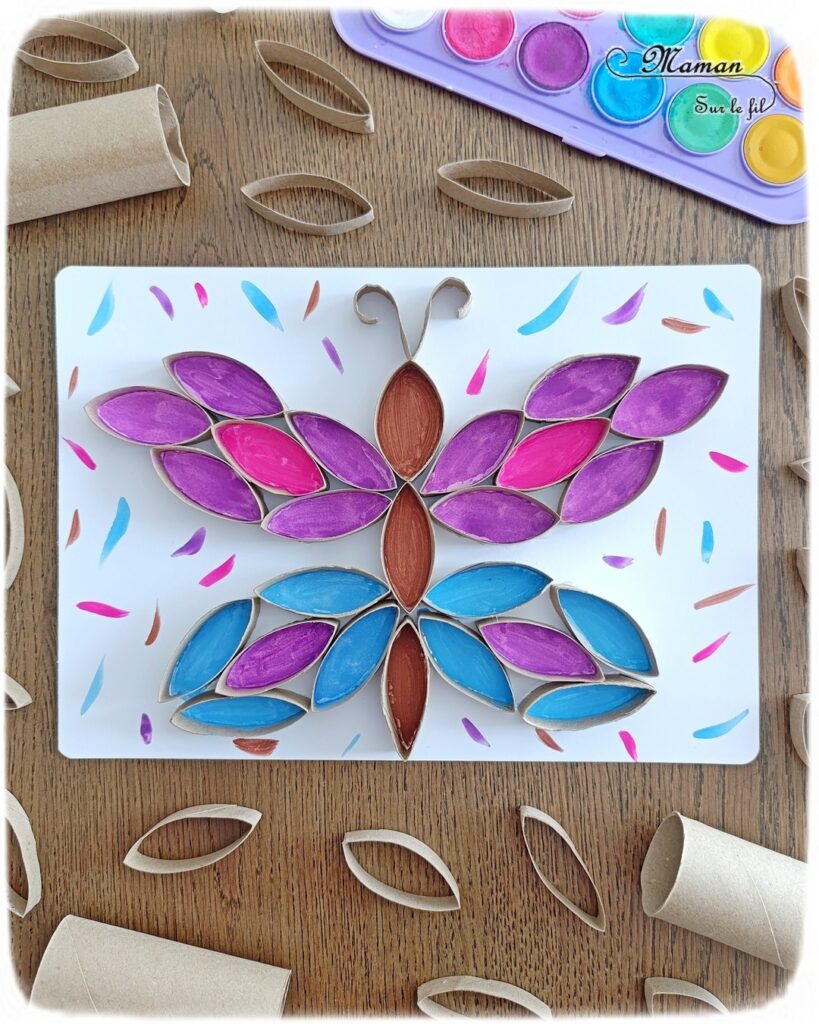 Créer un papillon coloré en récup' de rouleaux de papier toilette et peinture : activité créative, recyclage et manuelle enfants - Bandes de rouleaux de PQ en carton découpées et collées sur une feuille - Aide pour peindre le papillon - Découverte de la symétrie - Thème Insectes et petites bêtes, printemps - Bricolage et décoration sympa et facile - Arts visuels maternelle et élémentaire - Cycles 1 et 2 - Créativité - tutoriel photos et vidéo - mslf