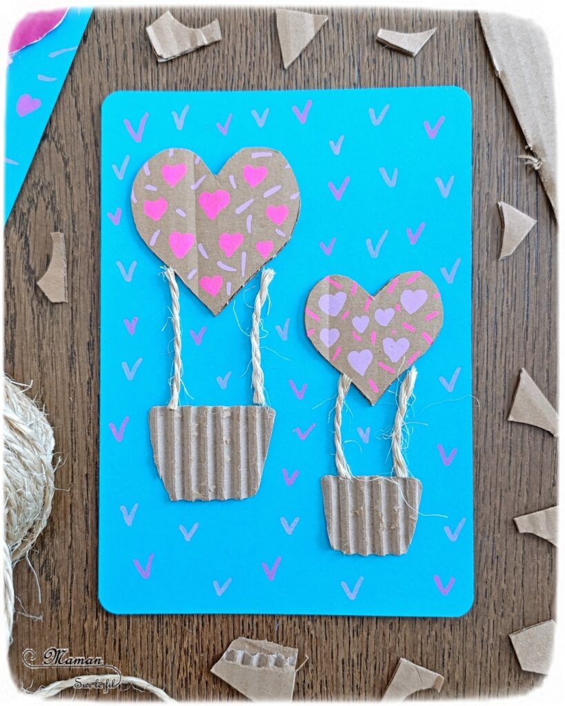 Créer des montgolfières Coeurs en carton pour la fête des mères : activité créative, recyclage et manuelle enfants - Récup', recyclage, surcyclage de carton épais, déchiré et ondulé - Découpage, collage - Petite corde et laine - Dessin et graphismes - Carte, cadeau DIY, fait maison à offrir pour la fête des mères, pères, grands-mères, grands-pères, parents - Amour, amitié, Saint Valentin - Véhicules - Bricolage et décoration sympa et facile - Arts visuels maternelle et élémentaire - Cycles 1 et 2 - Créativité - tutoriel photos - mslf