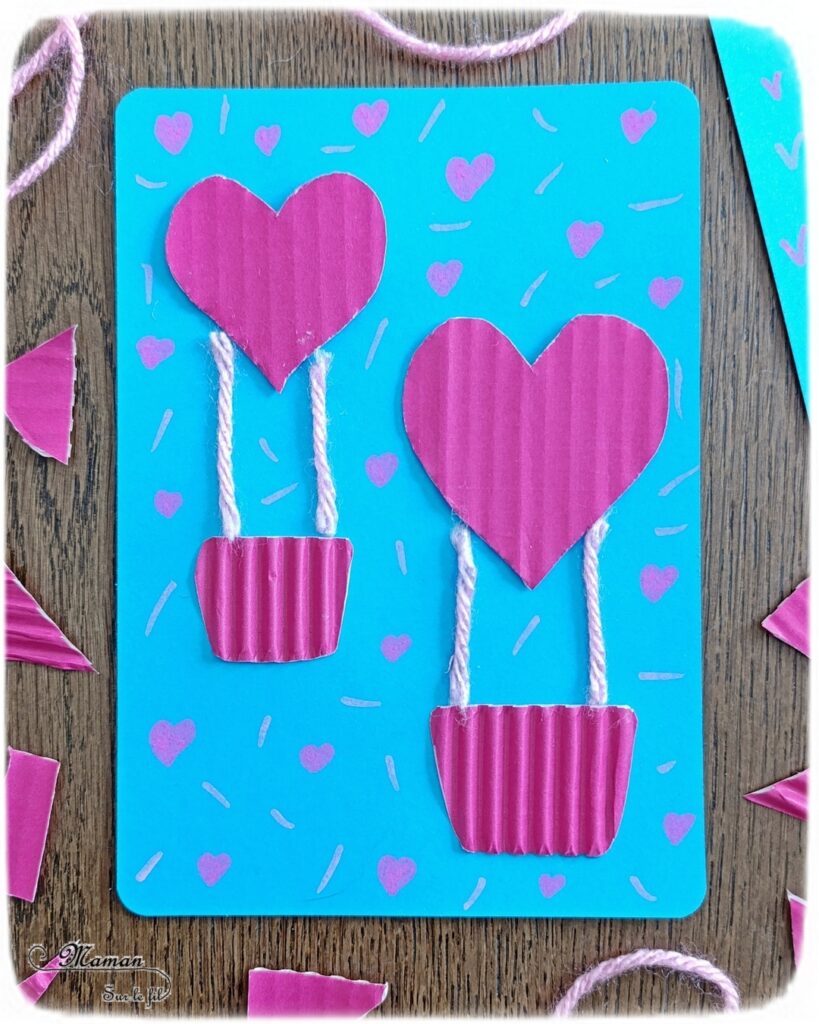 Créer des montgolfières Coeurs en carton pour la fête des mères : activité créative, recyclage et manuelle enfants - Récup', recyclage, surcyclage de carton épais, déchiré et ondulé - Découpage, collage - Petite corde et laine - Dessin et graphismes - Carte, cadeau DIY, fait maison à offrir pour la fête des mères, pères, grands-mères, grands-pères, parents - Amour, amitié, Saint Valentin - Véhicules - Bricolage et décoration sympa et facile - Arts visuels maternelle et élémentaire - Cycles 1 et 2 - Créativité - tutoriel photos - mslf