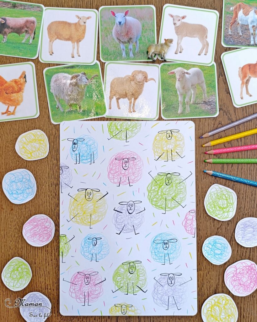 Gribouiller ou dessiner des moutons multicolores : activité créative, dessin et manuelle enfants - Gribouillage aux crayons de couleur - Dessins de boucles de couleurs - Dessin des détails au feutre fin noir - Cartes type Montessori Animaux de la ferme - Association photos fond blanc, fond réel, figurines - Reconstitue les familles : mâles, femelles, bébés - Simple, coloré et joli - Thème Pâques, printemps, animaux de la ferme - Bricolage et décoration sympa et facile - Arts visuels maternelle et élémentaire - Cycles 1 et 2 - Créativité - tutoriel photos - mslf