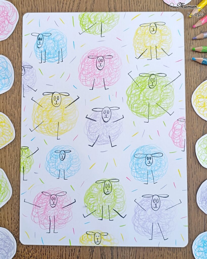 Gribouiller ou dessiner des moutons multicolores : activité créative, dessin et manuelle enfants - Gribouillage aux crayons de couleur - Dessins de boucles de couleurs - Dessin des détails au feutre fin noir - Cartes type Montessori Animaux de la ferme - Association photos fond blanc, fond réel, figurines - Reconstitue les familles : mâles, femelles, bébés - Simple, coloré et joli - Thème Pâques, printemps, animaux de la ferme - Bricolage et décoration sympa et facile - Arts visuels maternelle et élémentaire - Cycles 1 et 2 - Créativité - tutoriel photos - mslf