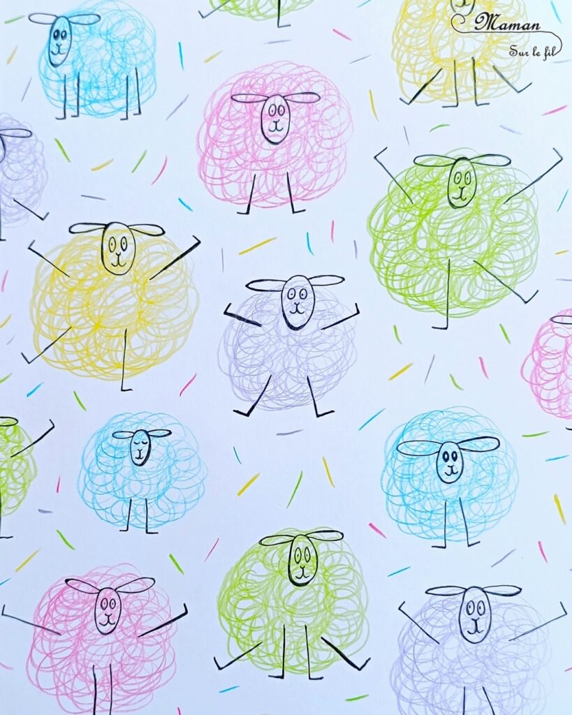 Gribouiller ou dessiner des moutons multicolores : activité créative, dessin et manuelle enfants - Gribouillage aux crayons de couleur - Dessins de boucles de couleurs - Dessin des détails au feutre fin noir - Cartes type Montessori Animaux de la ferme - Association photos fond blanc, fond réel, figurines - Reconstitue les familles : mâles, femelles, bébés - Simple, coloré et joli - Thème Pâques, printemps, animaux de la ferme - Bricolage et décoration sympa et facile - Arts visuels maternelle et élémentaire - Cycles 1 et 2 - Créativité - tutoriel photos - mslf