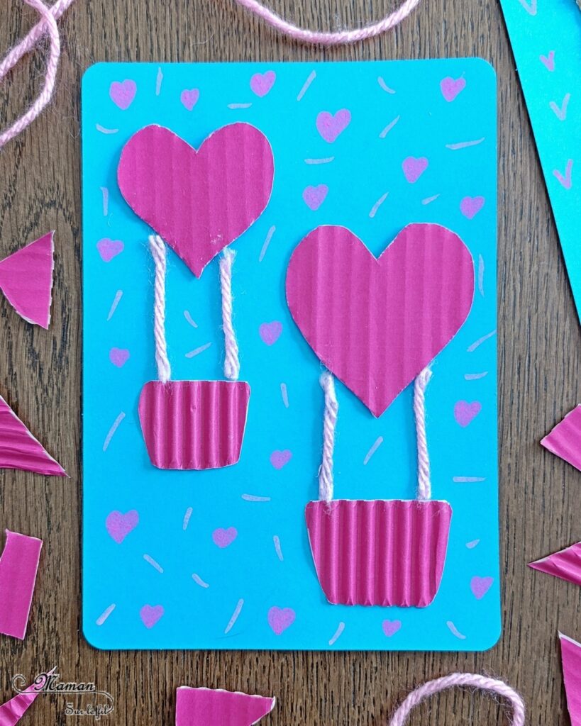 Créer des montgolfières Coeurs en carton pour la fête des mères : activité créative, recyclage et manuelle enfants - Récup', recyclage, surcyclage de carton épais, déchiré et ondulé - Découpage, collage - Petite corde et laine - Dessin et graphismes - Carte, cadeau DIY, fait maison à offrir pour la fête des mères, pères, grands-mères, grands-pères, parents - Amour, amitié, Saint Valentin - Véhicules - Bricolage et décoration sympa et facile - Arts visuels maternelle et élémentaire - Cycles 1 et 2 - Créativité - tutoriel photos - mslf