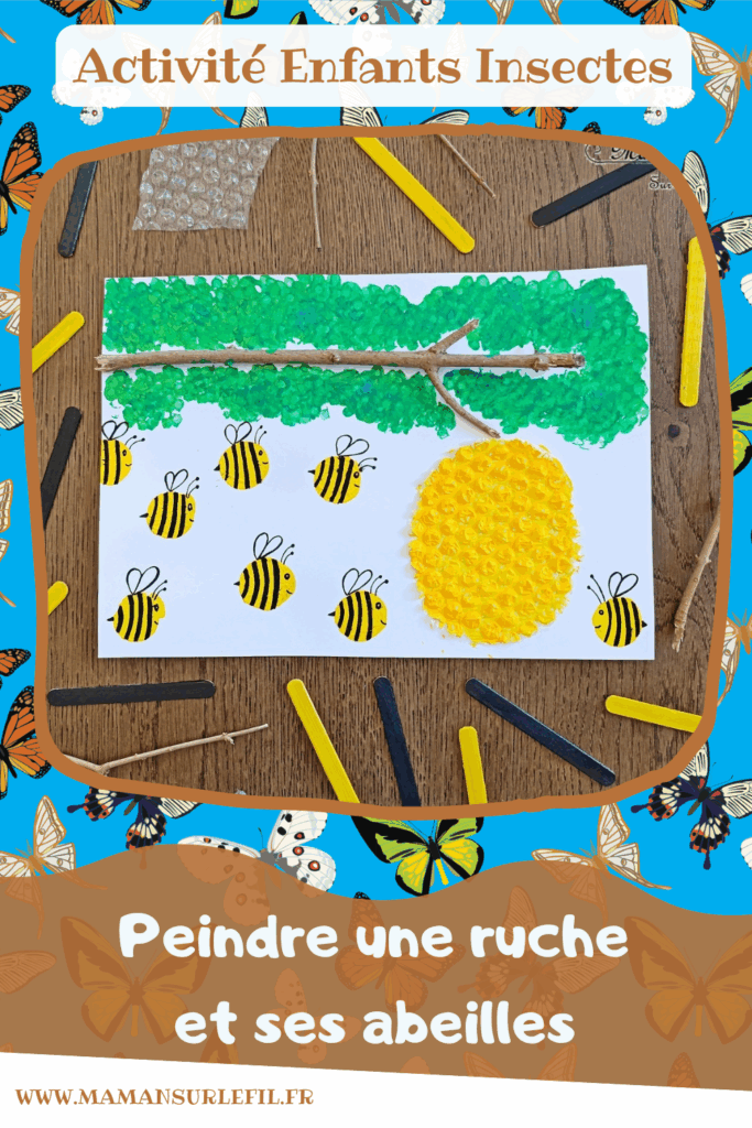 Créer une ruche et ses petits abeilles en papier à bulles et peinture : activité créative et manuelle enfants - Branche du jardin - Ruche en papier à bulles - Peindre abeilles avec bouchon en liège - Dessins - Feuilles avec des cotons-tige - Thème Insectes et petites bêtes, printemps, forêt - Bricolage et décoration sympa et facile - Arts visuels maternelle et élémentaire - Cycles 1 et 2 - Créativité - tutoriel photos - mslf