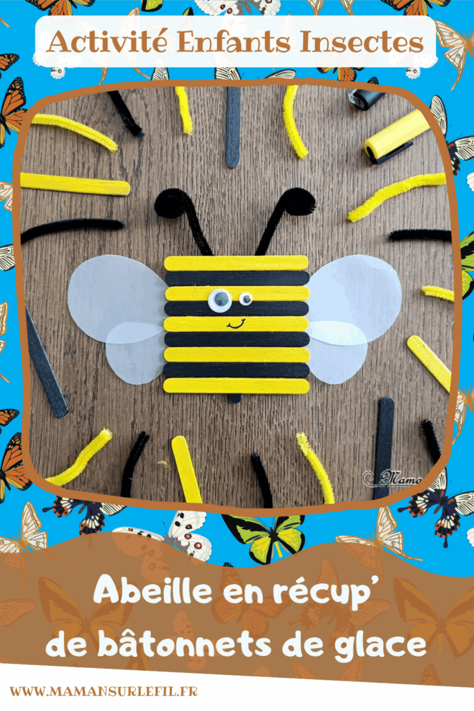 Fabriquer une abeille avec des bâtonnets de glace en bois : activité créative, récup et manuelle enfants - Recyclage, surcyclage de bâtonnets en bois - Peinture, collage - Yeux mobiles, fils chenille pour les antennes et papier calque pour les ailes - Abeille carrée mignonne - Thème Insectes et petites bêtes, printemps - Bricolage et décoration sympa et facile - Arts visuels maternelle et élémentaire - Cycles 1 et 2 - Créativité - tutoriel photos - mslf