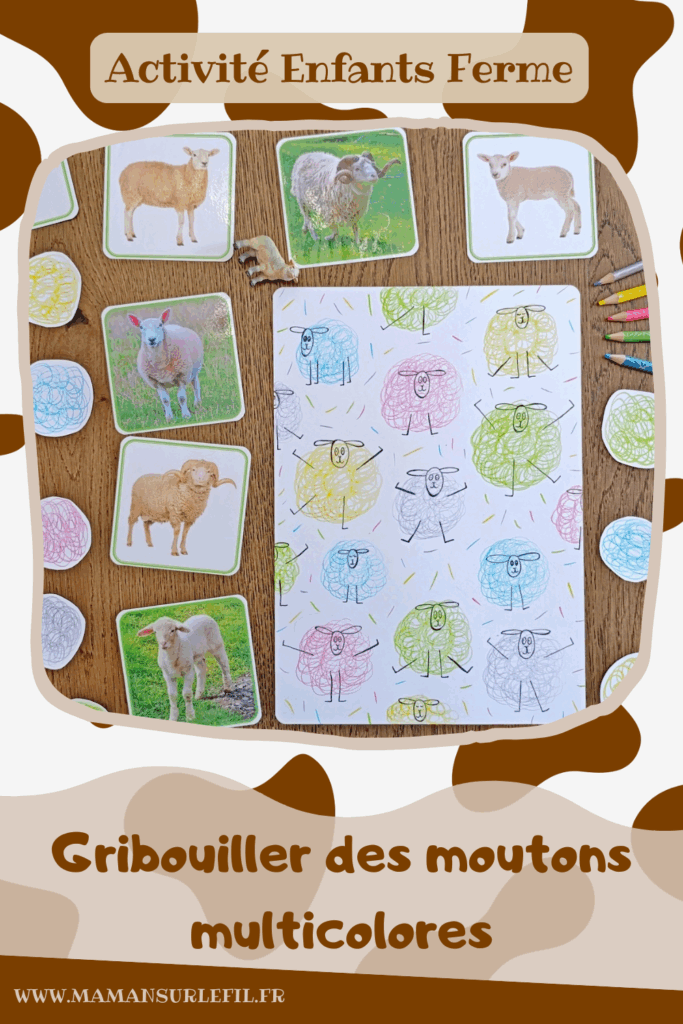 Gribouiller ou dessiner des moutons multicolores : activité créative, dessin et manuelle enfants - Gribouillage aux crayons de couleur - Dessins de boucles de couleurs - Dessin des détails au feutre fin noir - Cartes type Montessori Animaux de la ferme - Association photos fond blanc, fond réel, figurines - Reconstitue les familles : mâles, femelles, bébés - Simple, coloré et joli - Thème Pâques, printemps, animaux de la ferme - Bricolage et décoration sympa et facile - Arts visuels maternelle et élémentaire - Cycles 1 et 2 - Créativité - tutoriel photos - mslf
