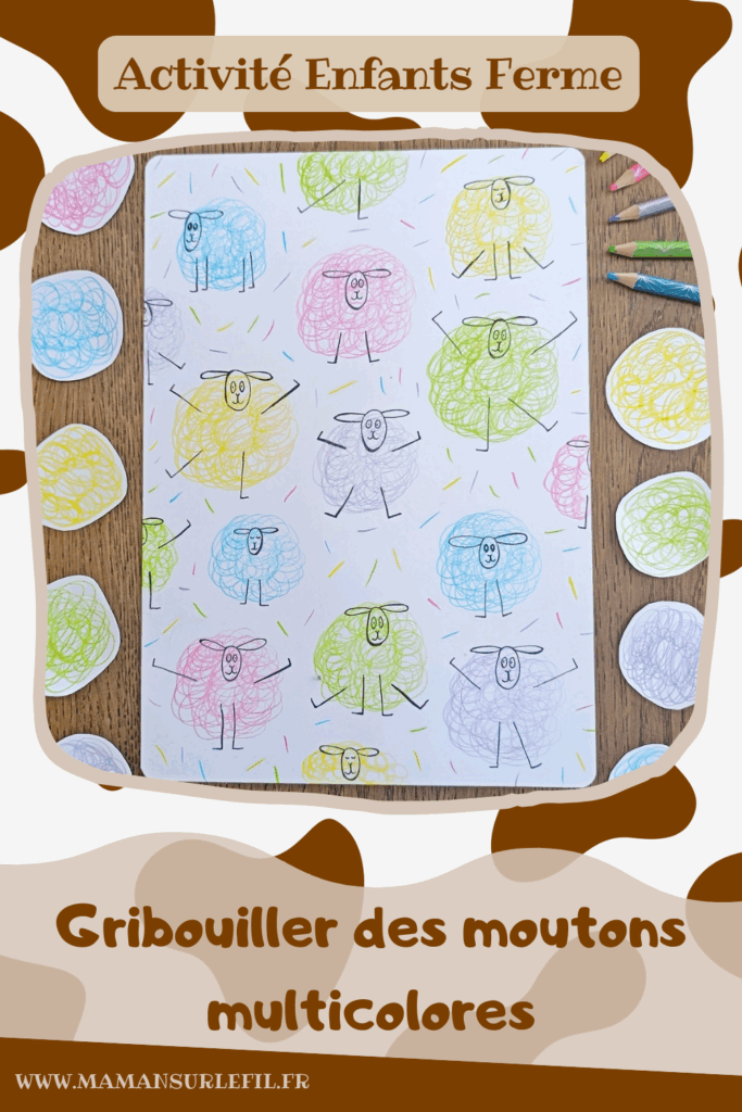 Gribouiller ou dessiner des moutons multicolores : activité créative, dessin et manuelle enfants - Gribouillage aux crayons de couleur - Dessins de boucles de couleurs - Dessin des détails au feutre fin noir - Cartes type Montessori Animaux de la ferme - Association photos fond blanc, fond réel, figurines - Reconstitue les familles : mâles, femelles, bébés - Simple, coloré et joli - Thème Pâques, printemps, animaux de la ferme - Bricolage et décoration sympa et facile - Arts visuels maternelle et élémentaire - Cycles 1 et 2 - Créativité - tutoriel photos - mslf