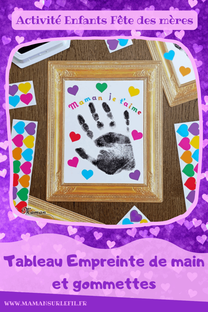 Tableaux empreintes de main et gommettes pour la fête des parents : activité créative et manuelle enfants - Le tutoriel et matériel viennent de chez 10 Doigts - Kit tout comrpris pour un cadeau DIY et Fait maison pour la fête des mères ou des pères - Empreinte de main avec encre noire - Gommettes Coeurs et Je t'aime colorées - Jolis cadres anciens en cartes fortes - Bricolage et cadeau DIY - Bricolage Fait maison à offrir - Fête des mères, pères, grands-mères, grands-pères, parents - Pour les enseignants en fin d'année - Thème Fêtes, amour, amitié, Saint-Valentin - Bricolage sympa et facile - Arts visuels Maternelle et cycle 2 - Maternelle et élémentaire - Créativité - Cycle 1 ou 2 - tutoriel photos - mslf