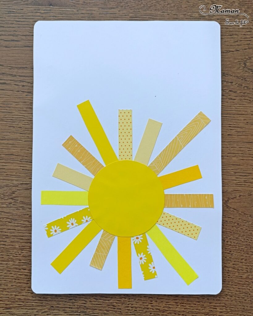 Créer une carte DIY You are my sunshine : activité créative et manuelle enfants - Soleil en bandes de papiers divers - Utilisation de chutes de papier - Géométrie, utilisation de la règle et du compas - Découpage et collage - Calligraphie - Carte à offrir à ceux qu'on aime - Cadeau fait maison - Thème météo, ciel, soleil, été, fête des mères, pères, parents - Bricolage et décoration sympa et facile - Arts visuels maternelle et élémentaire - Cycles 1 et 2 - Créativité - tutoriel photos - mslf