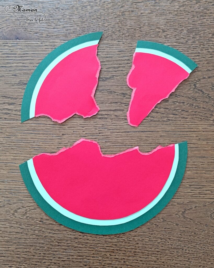 Pastèque en papier déchiré, mangée par des fourmis : activité créative et manuelle enfants - Déchirage, découpage et collage de papier - Utilisation du compas, cercles - Dessins et graphismes - Thème Fruits et légumes, potager, printemps, été - Bricolage et décoration sympa et facile - Arts visuels maternelle et élémentaire - Cycles 1 et 2 - Créativité - tutoriel photos - mslf