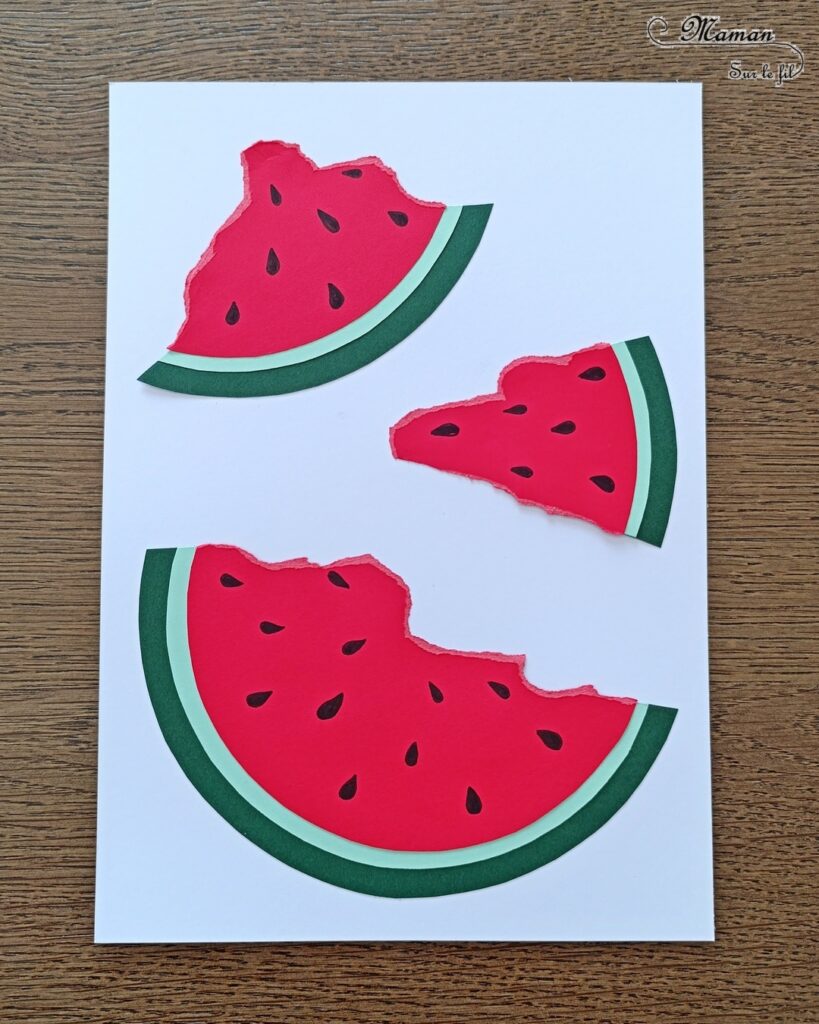 Pastèque en papier déchiré, mangée par des fourmis : activité créative et manuelle enfants - Déchirage, découpage et collage de papier - Utilisation du compas, cercles - Dessins et graphismes - Thème Fruits et légumes, potager, printemps, été - Bricolage et décoration sympa et facile - Arts visuels maternelle et élémentaire - Cycles 1 et 2 - Créativité - tutoriel photos - mslf