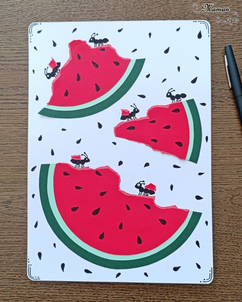 Pastèque en papier déchiré, mangée par des fourmis : activité créative et manuelle enfants - Déchirage, découpage et collage de papier - Utilisation du compas, cercles - Dessins et graphismes - Thème Fruits et légumes, potager, printemps, été - Bricolage et décoration sympa et facile - Arts visuels maternelle et élémentaire - Cycles 1 et 2 - Créativité - tutoriel photos - mslf