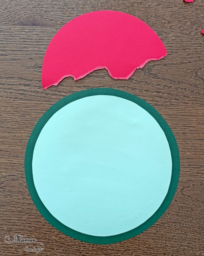 Pastèque en papier déchiré, mangée par des fourmis : activité créative et manuelle enfants - Déchirage, découpage et collage de papier - Utilisation du compas, cercles - Dessins et graphismes - Thème Fruits et légumes, potager, printemps, été - Bricolage et décoration sympa et facile - Arts visuels maternelle et élémentaire - Cycles 1 et 2 - Créativité - tutoriel photos - mslf