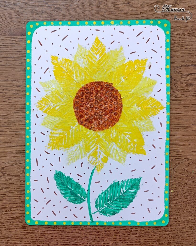 Peindre un tournesol avec des empreintes de feuilles : activité créative, peinture et manuelle enfants - Peinture avec des éléments de la nature - Empreintes de feuilles faites avec de la gouache en stick - Papier à bulles pour le coeur du tournesol - Dessin et graphismes - Land Art et Nature - Thème Fleurs, printemps, été, soleil - Bricolage et décoration sympa et facile - Arts visuels maternelle et élémentaire - Cycles 1 et 2 - Créativité - tutoriel photos et vidéo - mslf
