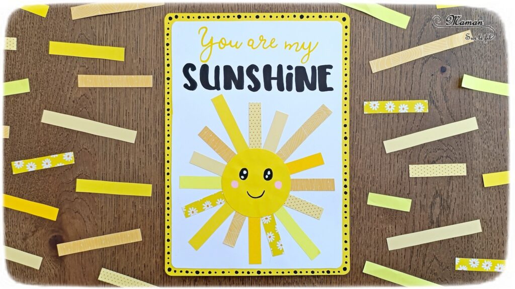 Créer une carte DIY You are my sunshine : activité créative et manuelle enfants - Soleil en bandes de papiers divers - Utilisation de chutes de papier - Géométrie, utilisation de la règle et du compas - Découpage et collage - Calligraphie - Carte à offrir à ceux qu'on aime - Cadeau fait maison - Thème météo, ciel, soleil, été, fête des mères, pères, parents - Bricolage et décoration sympa et facile - Arts visuels maternelle et élémentaire - Cycles 1 et 2 - Créativité - tutoriel photos - mslf