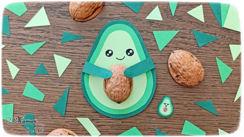 Fabriquer un petit avocat mignon et son bébé : activité créative, récup et manuelle enfants - Recyclage, surcyclage d'une coquille de noix pour le noyau - Découpage et collage de papier - Petite surprise cachée dans son ventre : bonbon, pompons, bébé avocat - Land Art et Nature - Thème Fruits et légumes, potager, printemps, été - Bricolage et décoration sympa et facile - Arts visuels maternelle et élémentaire - Cycles 1 et 2 - Créativité - tutoriel photos et vidéo - mslf