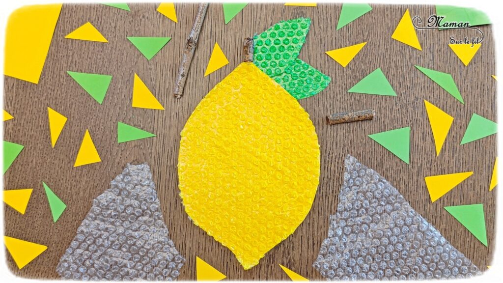 Créer un citron avec du papier à bulles et de la peinture : activité créative, récup et manuelle enfants - Recyclage, surcyclage de papier bulle - Découpage et collage de papier - Peinture sur papier à bulles - Bâton pour la queue du citron - Land Art et Nature - Thème Fruits et légumes, potager, printemps, été - Bricolage et décoration sympa et facile - Arts visuels maternelle et élémentaire - Cycles 1 et 2 - Créativité - tutoriel photos - mslf