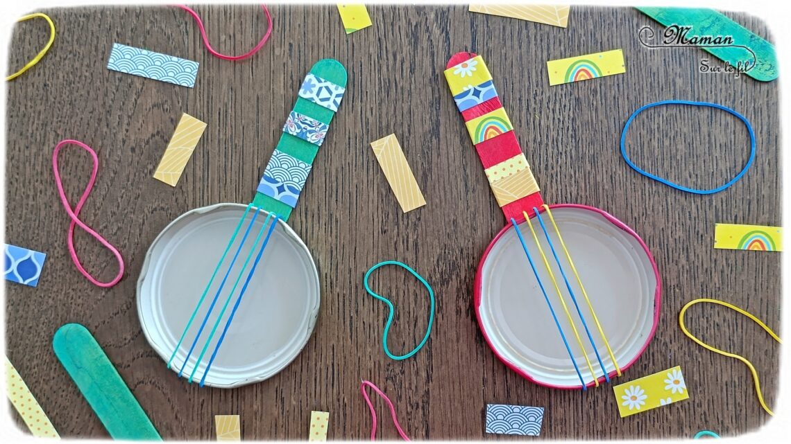 Fabriquer des mini banjos colorés en récup' : activité créative, récup et manuelle enfants - Recyclage, surcyclage de bouchons métalliques, d'élastiques et de bâtonnets en bois colorés - Bricolage rapide pour la fête de la musique - Découpage et collage de papier à motifs - Instruments de musique DIY, fait maison - Thème Fête de la musique - Bricolage et décoration sympa et facile - Arts visuels maternelle et élémentaire - Cycles 1 et 2 - Créativité - tutoriel photos - mslf