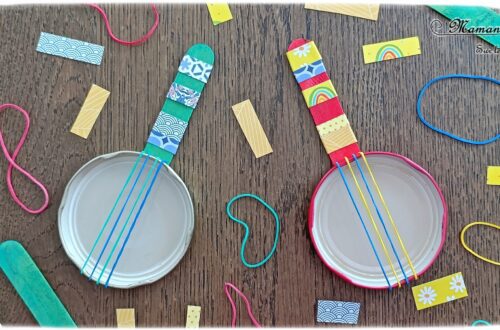 Fabriquer des mini banjos colorés en récup' : activité créative, récup et manuelle enfants - Recyclage, surcyclage de bouchons métalliques, d'élastiques et de bâtonnets en bois colorés - Bricolage rapide pour la fête de la musique - Découpage et collage de papier à motifs - Instruments de musique DIY, fait maison - Thème Fête de la musique - Bricolage et décoration sympa et facile - Arts visuels maternelle et élémentaire - Cycles 1 et 2 - Créativité - tutoriel photos - mslf