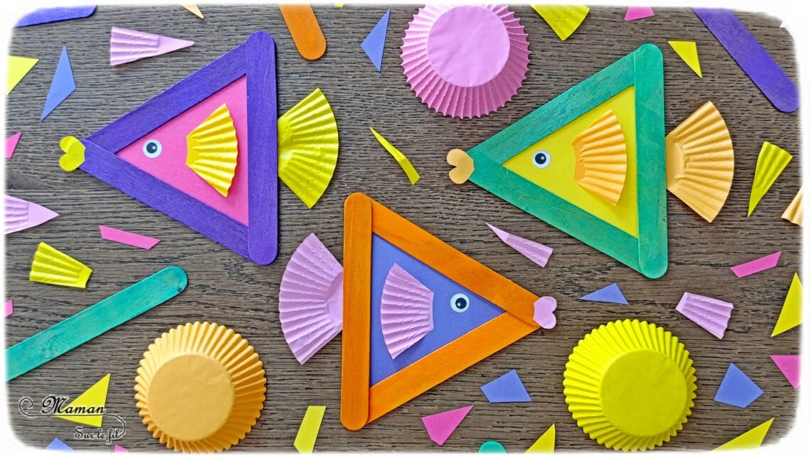 Fabriquer des poissons colorés avec des bâtonnets de bois et des caissettes à cupcakes : activité créative, récup' et manuelle enfants - Recyclage et surcyclage de gros bâtonnets en bois colorés et de caissettes couleurs Arc-en-ciel - Bricolage facile et rigolo - Découpage, collage - Gommettes Yeux - Thème poissons, animaux marins, mer, océans, été, 1er avril - Bricolage et décoration sympa et facile - Arts visuels maternelle et élémentaire - Cycles 1 et 2 - Créativité - tutoriel photos - mslf