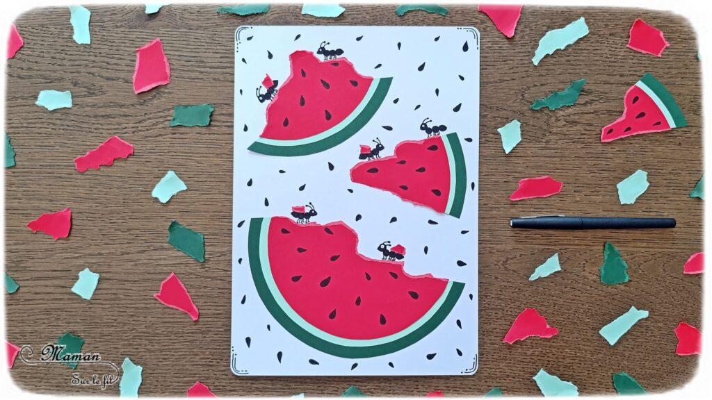 Pastèque en papier déchiré, mangée par des fourmis : activité créative et manuelle enfants - Déchirage, découpage et collage de papier - Utilisation du compas, cercles - Dessins et graphismes - Thème Fruits et légumes, potager, printemps, été - Bricolage et décoration sympa et facile - Arts visuels maternelle et élémentaire - Cycles 1 et 2 - Créativité - tutoriel photos - mslf