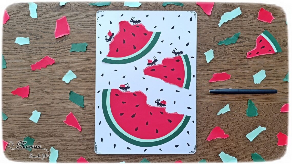 Pastèque en papier déchiré, mangée par des fourmis : activité créative et manuelle enfants - Déchirage, découpage et collage de papier - Utilisation du compas, cercles - Dessins et graphismes - Thème Fruits et légumes, potager, printemps, été - Bricolage et décoration sympa et facile - Arts visuels maternelle et élémentaire - Cycles 1 et 2 - Créativité - tutoriel photos - mslf