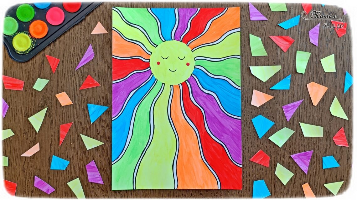 Peindre un soleil Arc-en-ciel : activité créative, peinture et manuelle enfants - Utilisation d'un compas - Dessins en noir - Couleurs avec palette de peinture pour enfants - Type Aquarelle - Dessin mignon - Contraste noir et couleurs - Thème météo, ciel, soleil, été, printemps - Bricolage et décoration sympa et facile - Arts visuels maternelle et élémentaire - Cycles 1 et 2 - Créativité - tutoriel photos - mslf